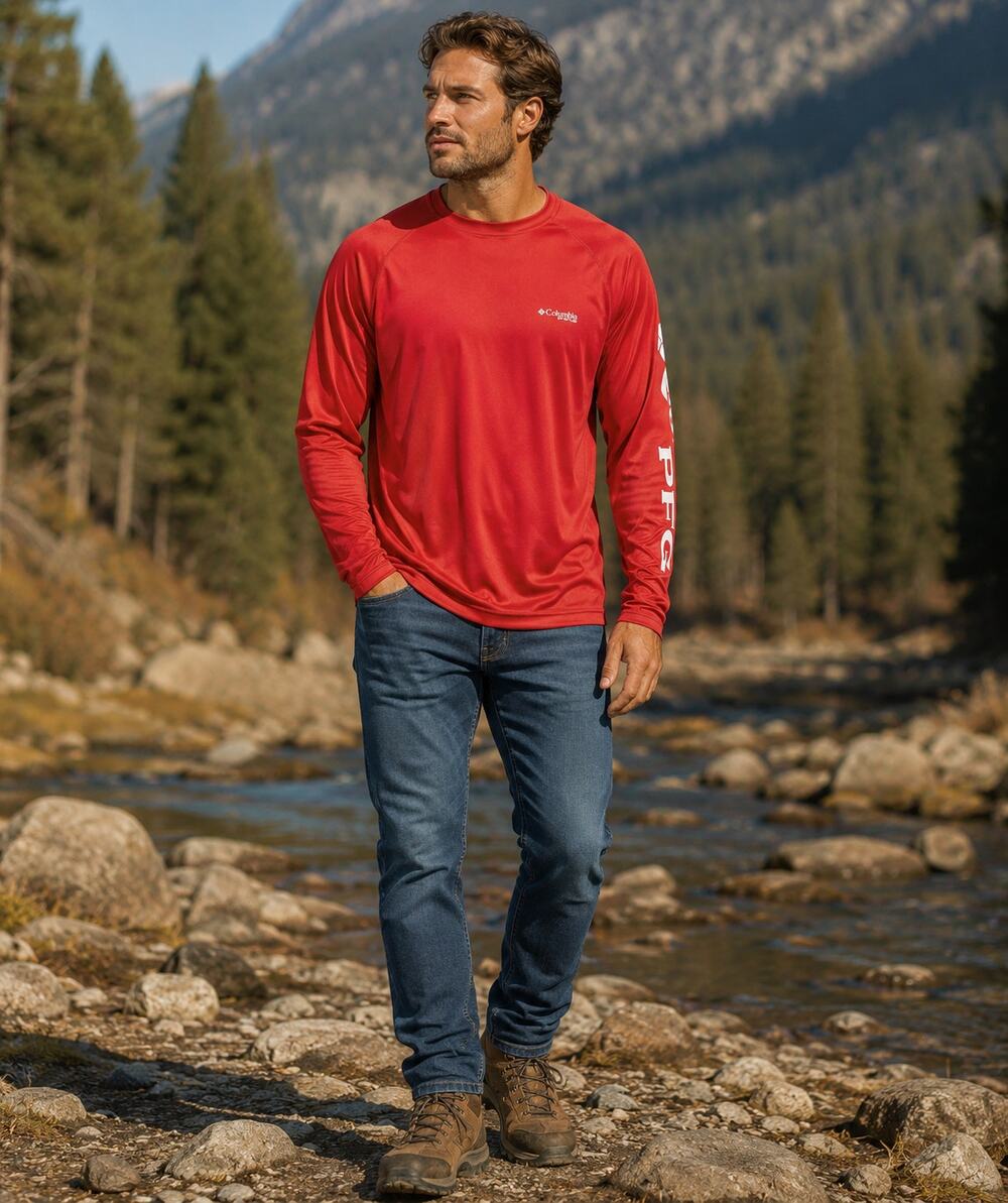 Columbia Men's LT Red Spark PFG UPF 50 Terminal Tackle Long Sleeve T-Shirt E27-5